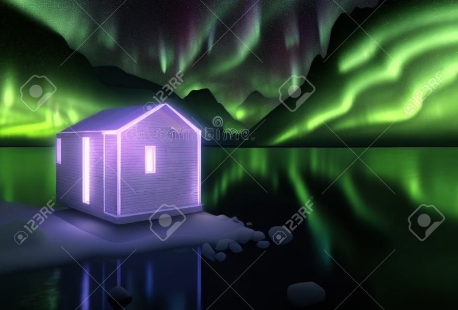 Klein huis fjord noorwegen onder aurora borealis, 3d illustratie van een tiny house naast het meer, minimalistisch tiny house
