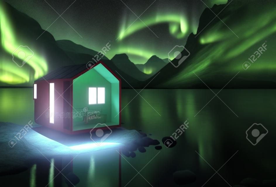 Klein huis fjord noorwegen onder aurora borealis, 3d illustratie van een tiny house naast het meer, minimalistisch tiny house