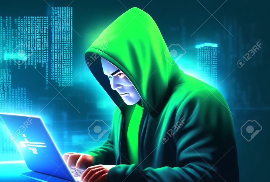 컴퓨터 해커 사이버 범죄 그림, 노트북을 사용하는 해커, 도시 배경, 이진 코드, 해킹, 생성 인공 지능