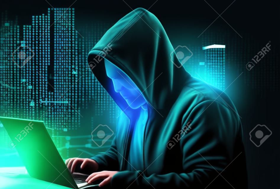 컴퓨터 해커 사이버 범죄 그림, 노트북을 사용하는 해커, 도시 배경, 이진 코드, 해킹, 생성 인공 지능