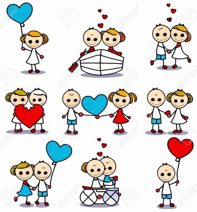 conjunto de coleção de doodle casal bonito com corações
