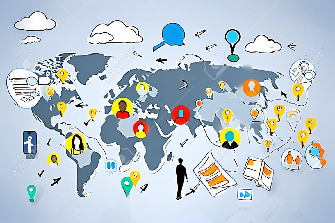 Social Media Communication World Map Concept Internet Network Connection People Doodle Hand Draw Sketch Achtergrond Vector Illustratie