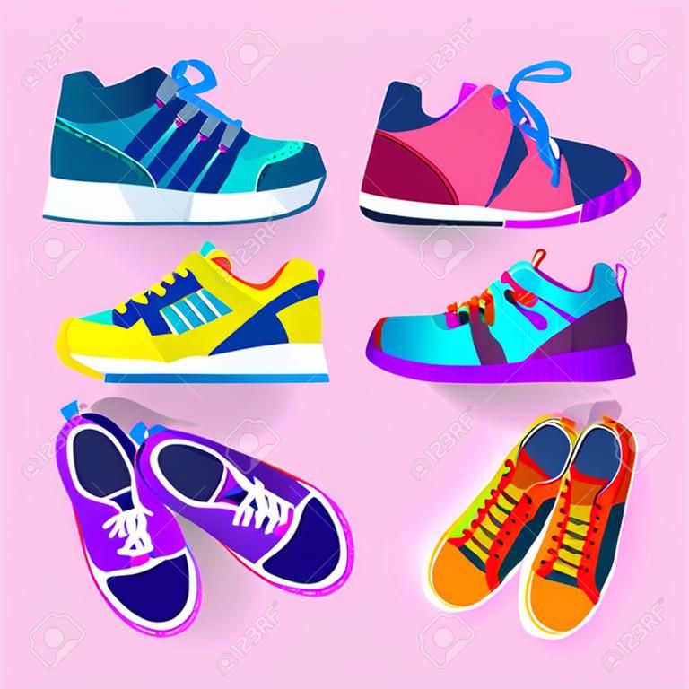 Colorful Sneakers Training Sport Shoes Set Collection Banner Flat Vector Illustration