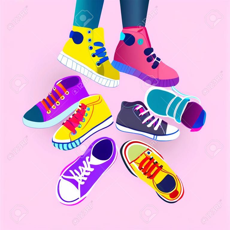 Colorful Sneakers Training Sport Shoes Set Collection Banner Flat Vector Illustration