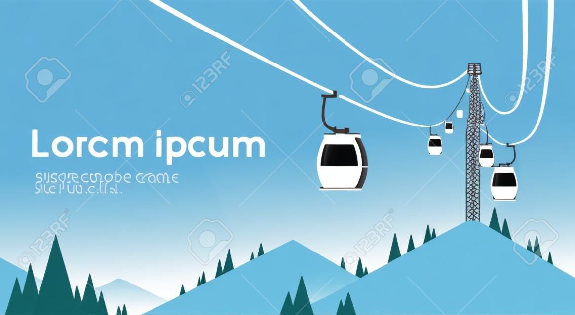 Cable Car Transportation Rope Way Over Mountain Hill Nature Background Banner With Copy Space Flat Vector Illustration