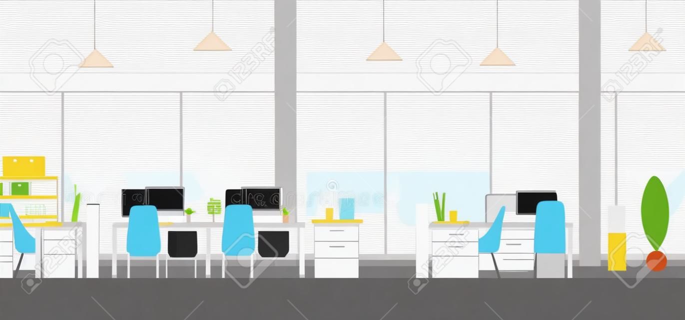 现代办公室内工作台平面矢量插图