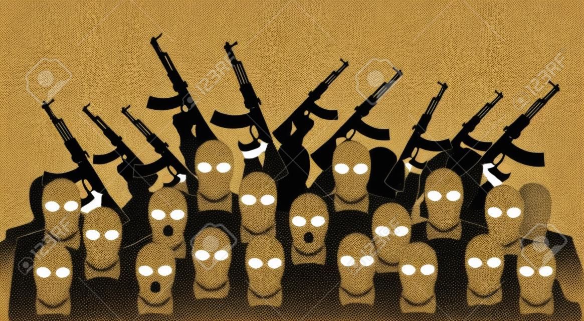 Uzbrojony Terrorist Grupa Ilustracja Terroryzm Ludzie Tłum Wektor
