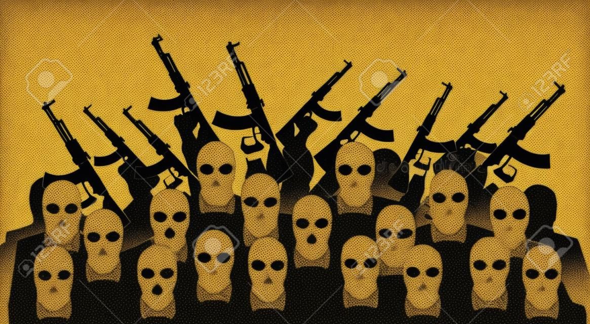 Illustrazione Terrorismo Persone Folla vettore armato terrorista Gruppo
