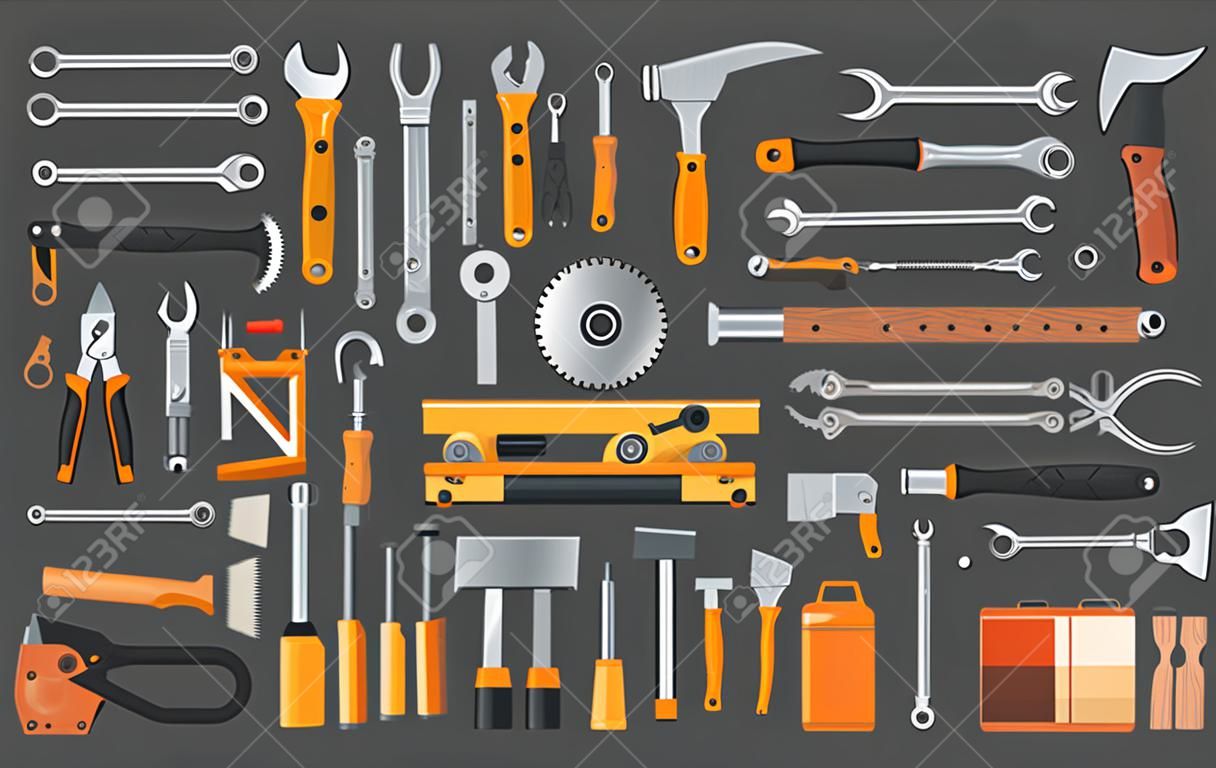 Set Of Repair And Construction Working Hand Tools, Equipment Collection Flat Vector Illustration