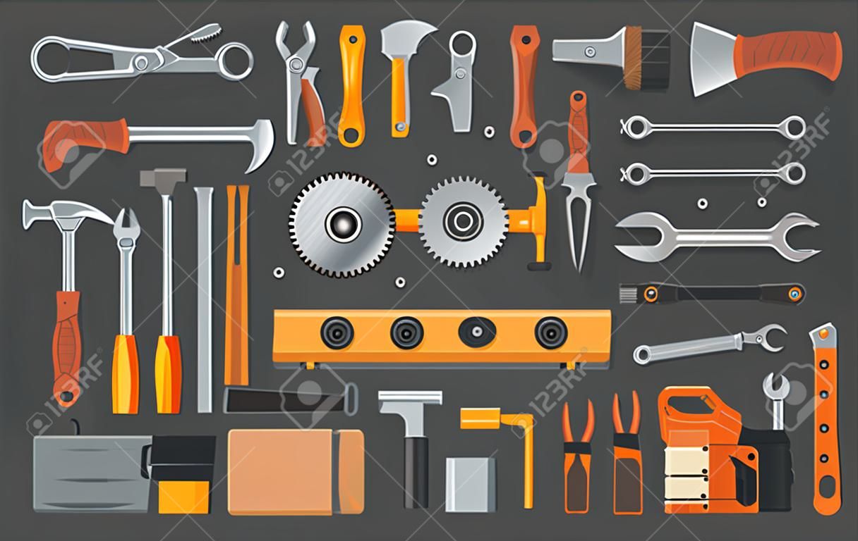 Zestaw napraw i konstrukcji roboczych narzędzi ręcznych, kolekcja urządzeń płaski ilustracji wektorowych