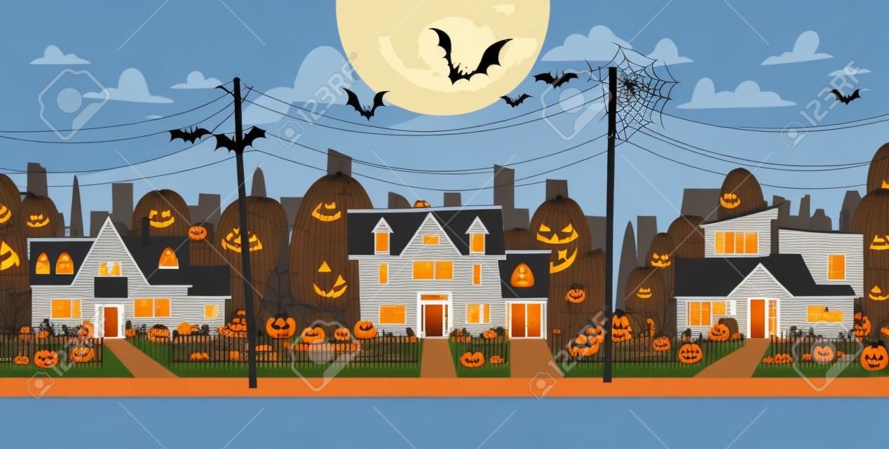 Huizen Versierd voor Halloween Huis Gebouwen Vooraanzicht met verschillende pompoenen, Vleermuizen Vakantie Viering Concept Platte Vector Illustratie
