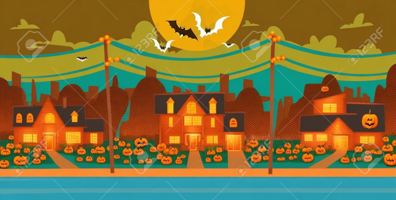 Huizen Versierd voor Halloween Huis Gebouwen Vooraanzicht met verschillende pompoenen, Vleermuizen Vakantie Viering Concept Platte Vector Illustratie