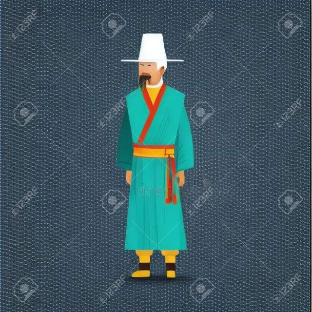 고대 의상을 입고 몽골 전통 옷 남자 고립 된 아시아 드레스 개념 평면 벡터 일러스트 레이 션