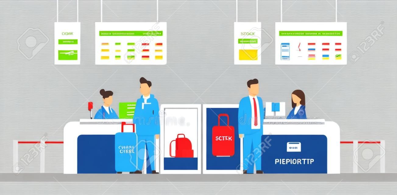 Регистрация в аэропорту с рабочими на стойке и пассажирами мужского пола с багажом, концепция доски вылета плоские векторные иллюстрации