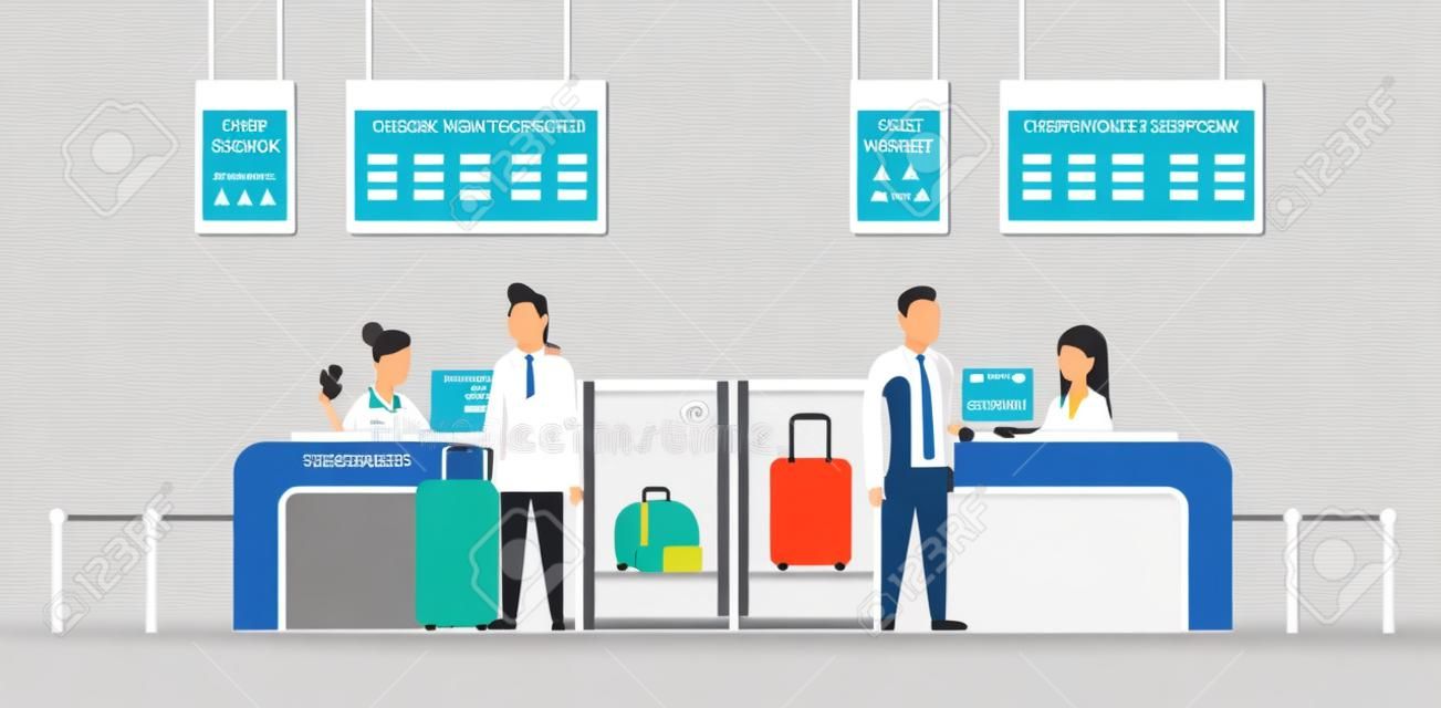 Регистрация в аэропорту с рабочими на стойке и пассажирами мужского пола с багажом, концепция доски вылета плоские векторные иллюстрации