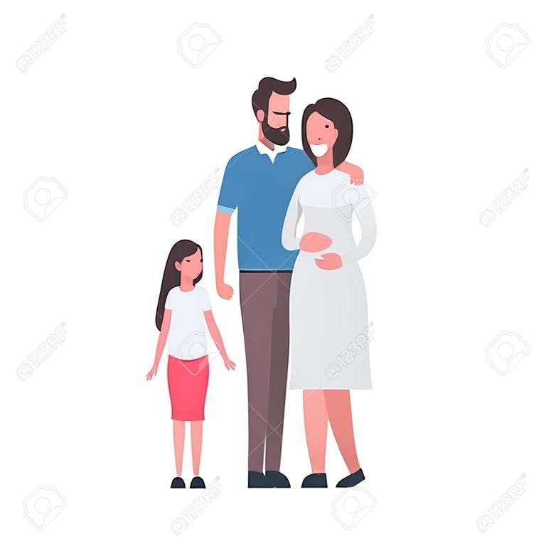 pregnant mother father daughter full length avatar on white background, successful family concept, flat cartoon vector illustration
