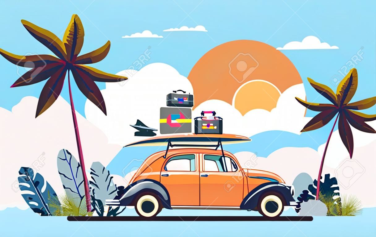 Coche retro con equipaje en el techo, puesta de sol tropical, playa, surf, plantilla de tarjeta de felicitación vintage, cartel, ilustración vectorial plana