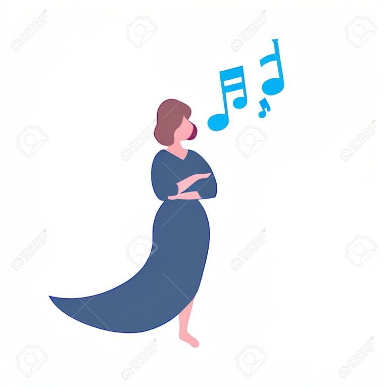 Elegante Opernsängerin in blauem Kleid, die Karaoke-Lieder singt, Konzert und Musikkonzept weibliche Zeichentrickfigur in voller Länge, flach isolierte Vektorillustration
