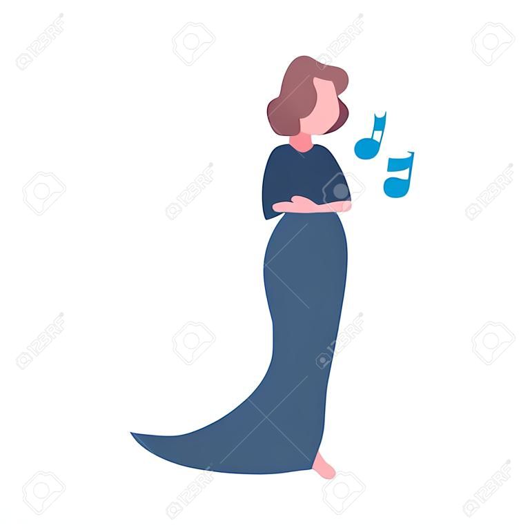 カラオケの歌のコンサートと音楽の概念女性漫画のキャラクターを歌う青いドレスでエレガントな女性オペラ歌手完全な長さフラット孤立したベクトルイラスト