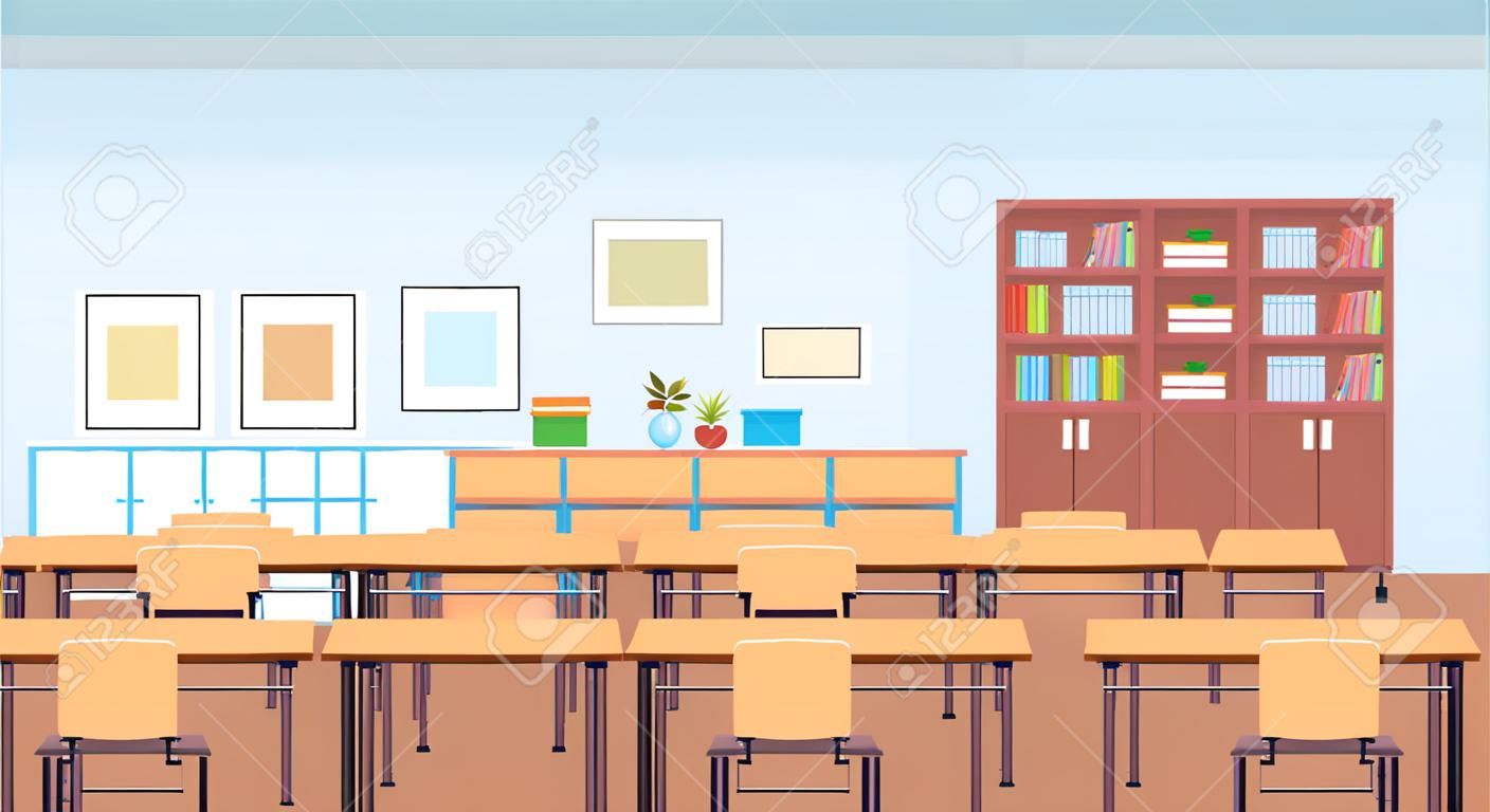 modern school classroom interior book shelf desks and chairs empty no people horizontal banner flat vector illustration