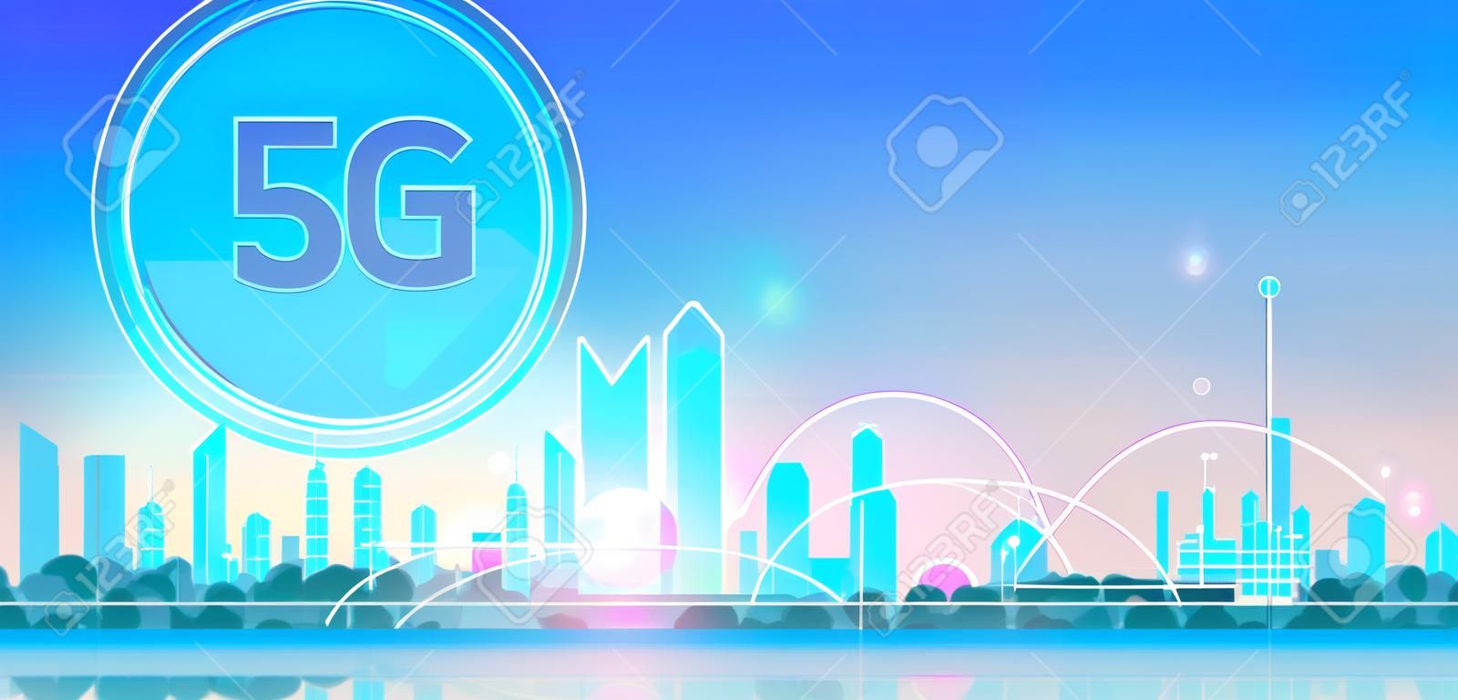 Smart City 5G rete di comunicazione online sistemi wireless concetto di connessione quinta generazione innovativa di internet globale ad alta velocità moderno paesaggio urbano sfondo piatto orizzontale banner illustrazione vettoriale
