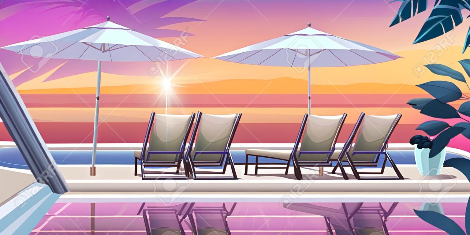 Piscina tropicale sulla spiaggia di un hotel resort di lusso e concetto di vacanza estiva con area salotto a bordo piscina