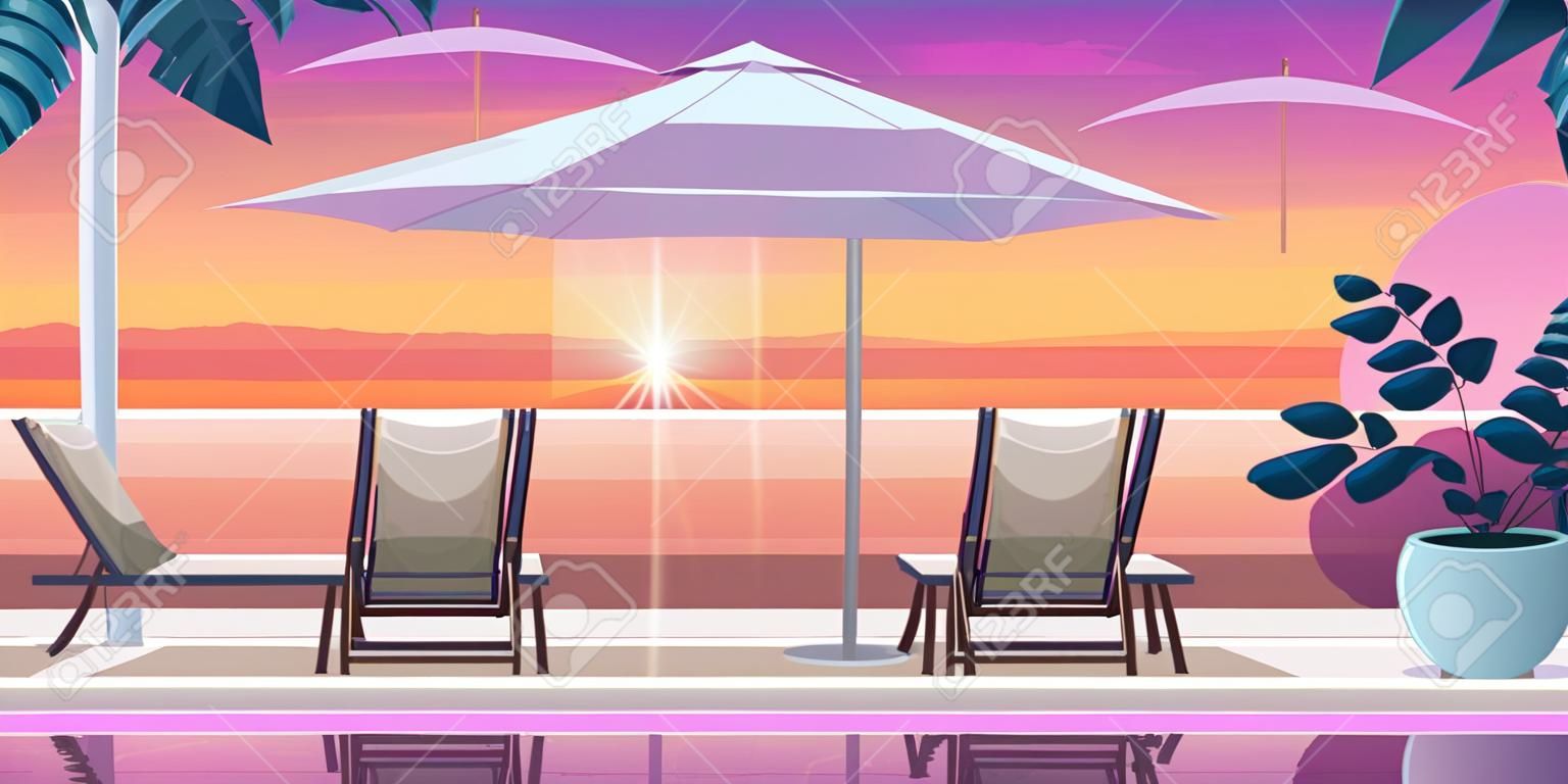 Piscina tropicale sulla spiaggia di un hotel resort di lusso e concetto di vacanza estiva con area salotto a bordo piscina