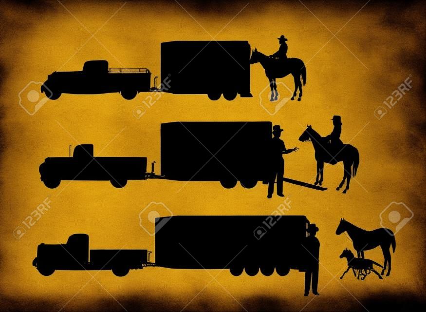 horse trailers with cowboys in silhouette