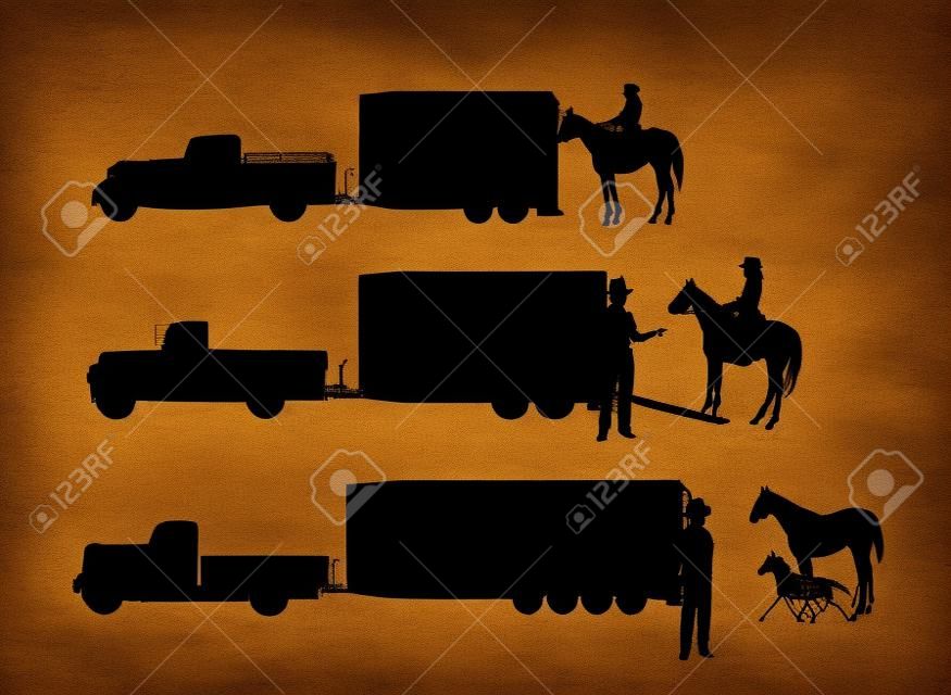 horse trailers with cowboys in silhouette