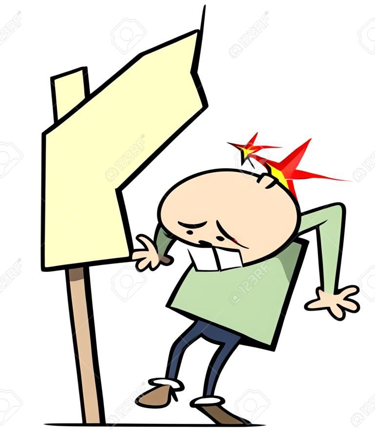A cartoon character gets hit by a falling road sign