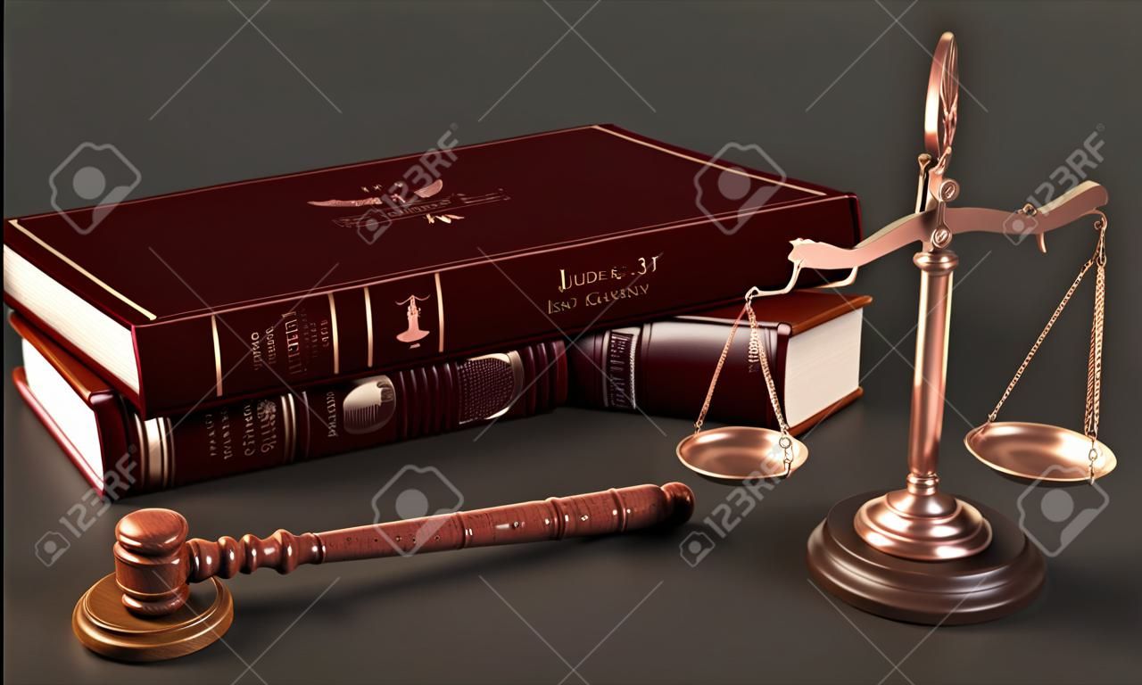 Échelle de justice, marteau de juge et livres de droit. illustration 3d