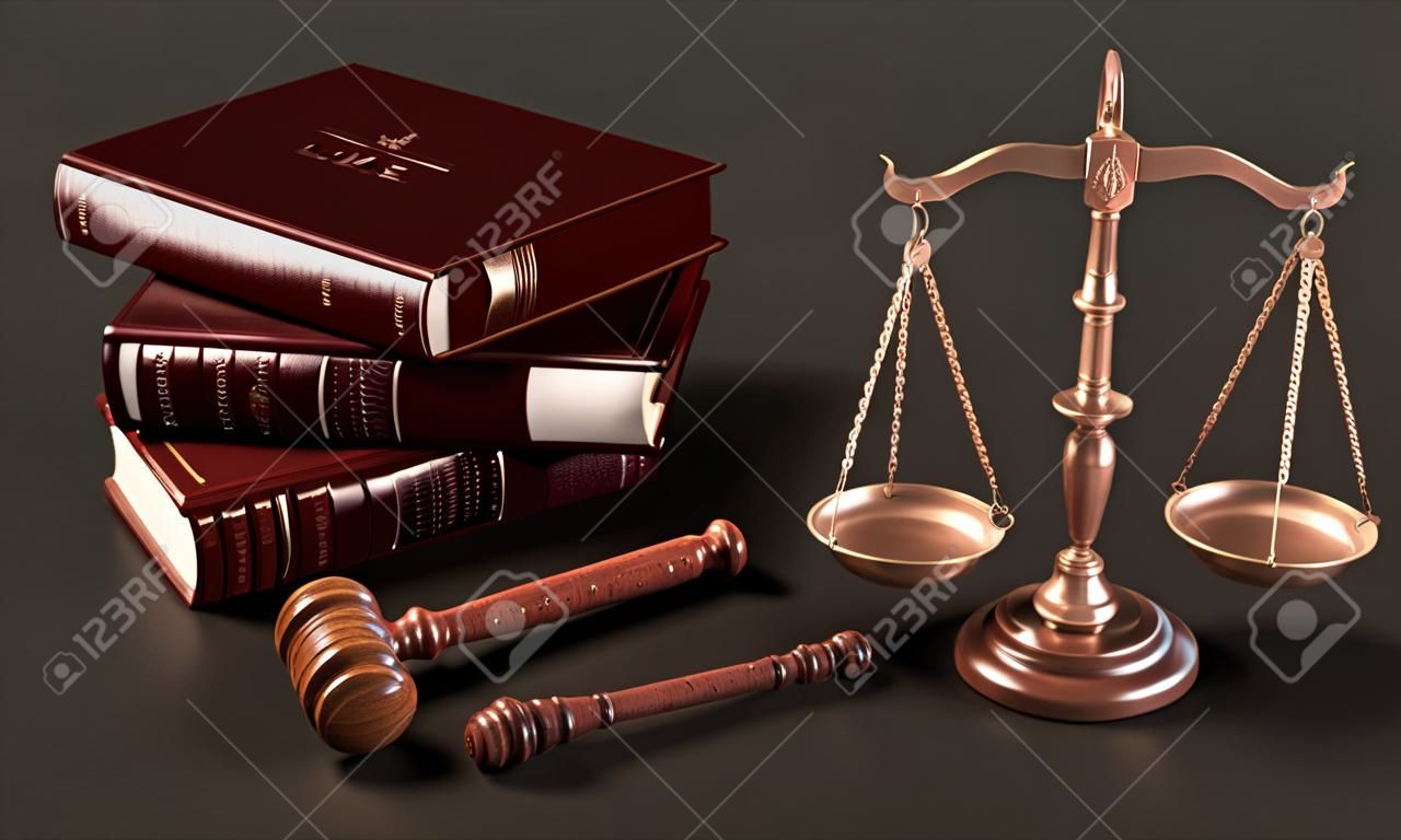 Scala della giustizia, martelletto del giudice e libri di legge. illustrazione 3d