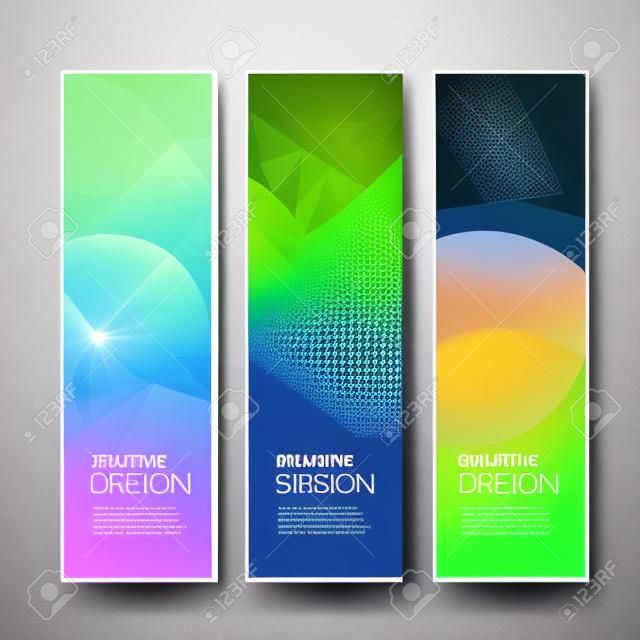 Vector vertical banners set with polygonal abstract shapes, with circles, lines, triangles.