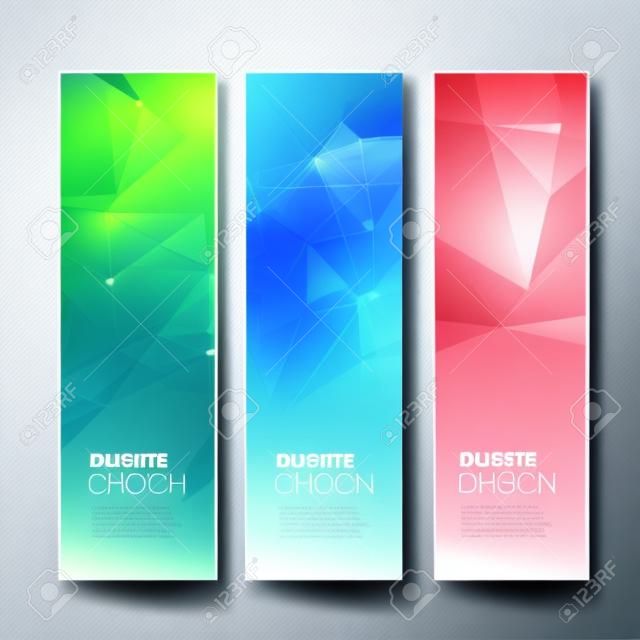 Vector vertical banners set with polygonal abstract shapes, with circles, lines, triangles.
