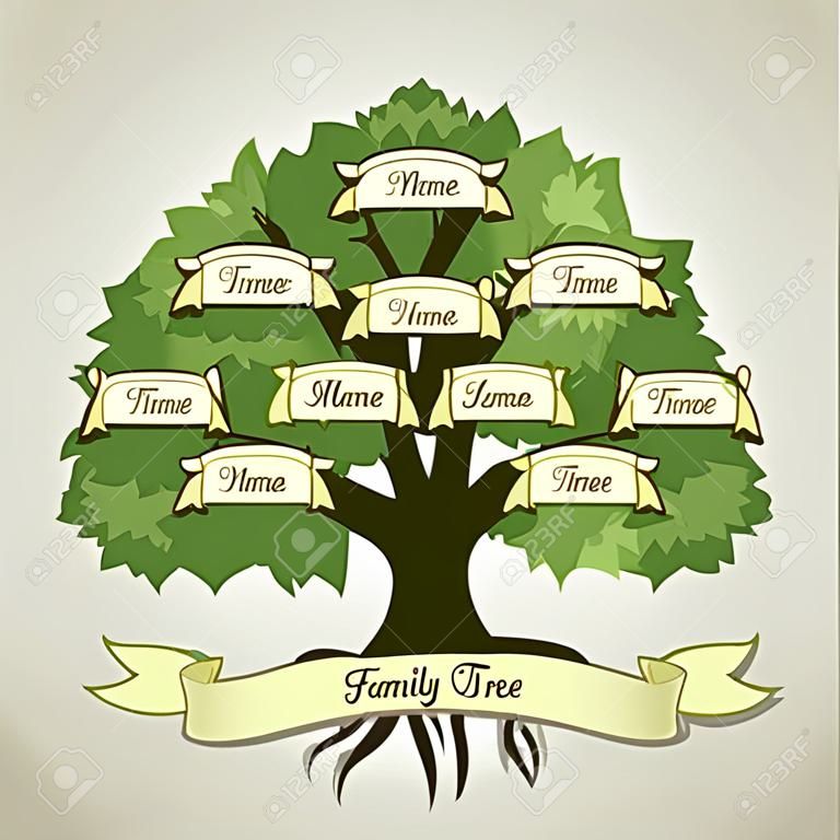 albero genealogico di famiglia su sfondo grigio. Albero genealogico in stile vintage. Concetto illustrazione albero di famiglia. Illustrazione vettoriale.