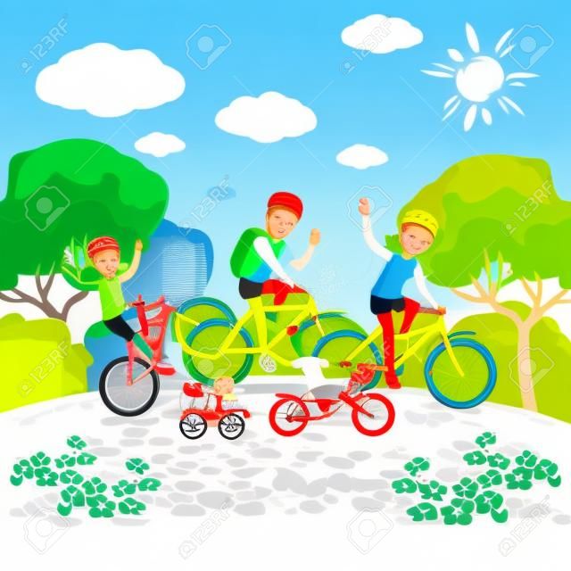Family with kids concept of cycling in the park. Happy family riding bikes. The family in the park on bicycles. Vector