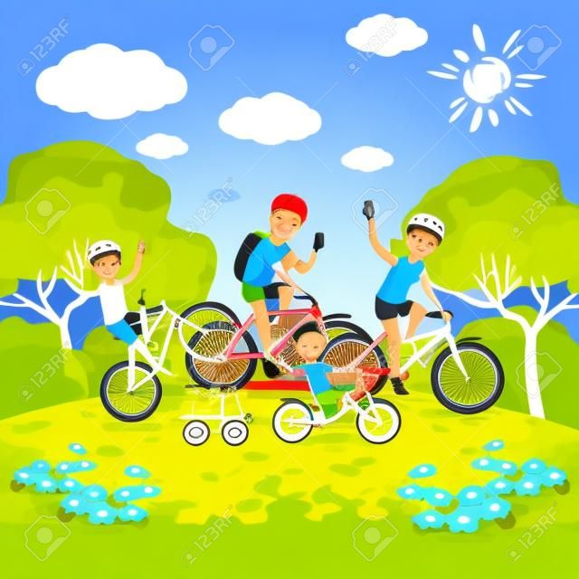 Семья с детьми концепции езда на велосипеде в парке. Счастливые велосипеды верхом семьи. Семья в парке на велосипедах. Вектор