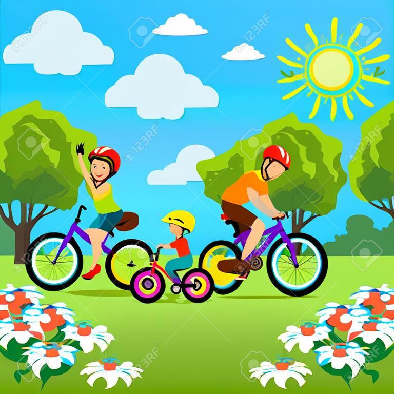 Family with kids concept of cycling in the park. Happy family riding bikes. The family in the park on bicycles. Vector