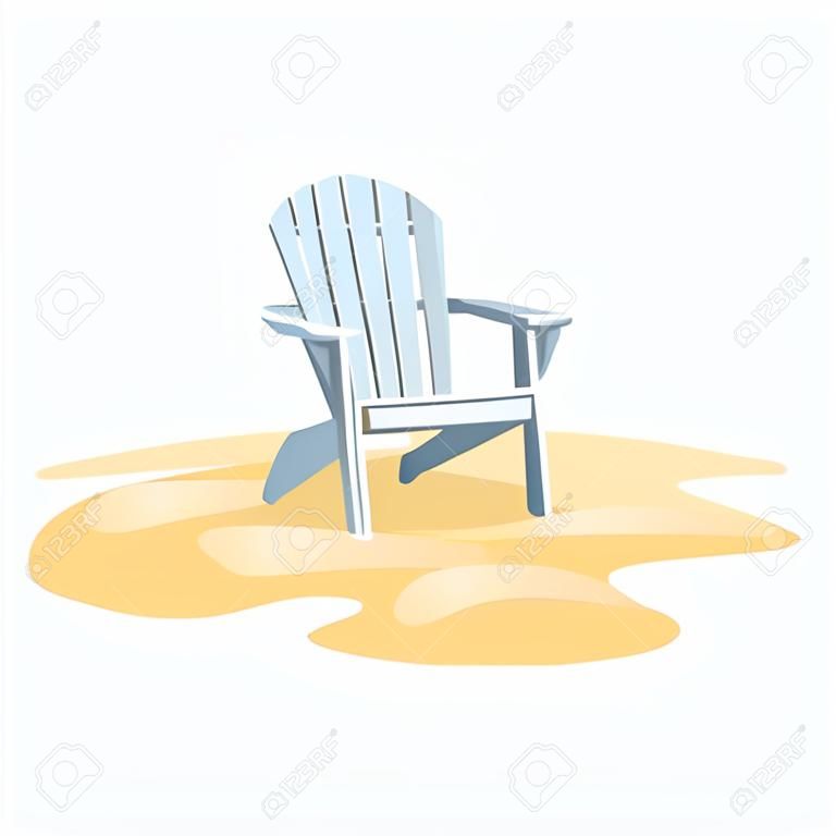 Adirondack chair standing on the yellow sand, Vector flat illustration