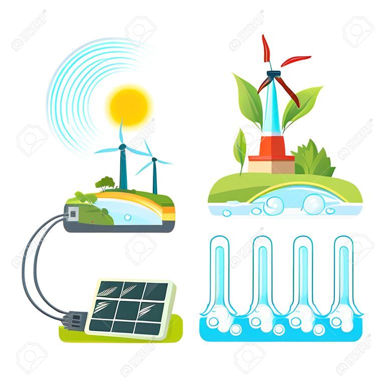 Alternative energy sources set. Wind. Geothermal power. Bio energy. Solar energy. Hydropower. Illustrations of windmills, plants, sun battery, water, thermal sources with plug Vector illustration