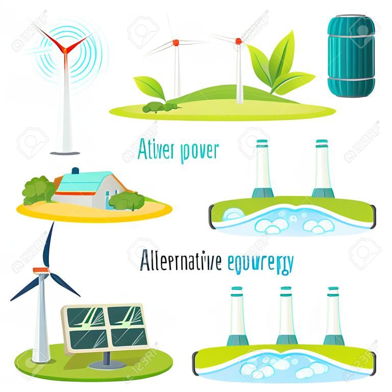 Alternative energy sources set. Wind. Geothermal power. Bio energy. Solar energy. Hydropower. Illustrations of windmills, plants, sun battery, water, thermal sources with plug Vector illustration