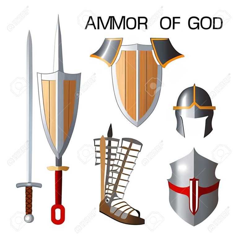 Set of armor of God elements isolated on white. Long sword of the spirit, breathpate, sandals of readiness, belt of truth, readiness wooden shield of faith, armour helmet of salvation. Vector