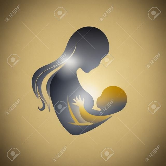 母乳喂養標誌設計與餵養剛出生的嬰兒的女人剪影