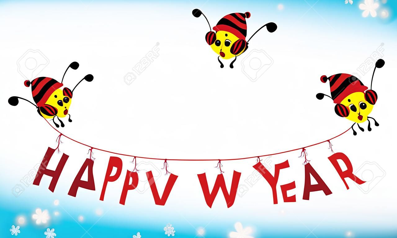 插圖新年快樂理念與卡通蜜蜂