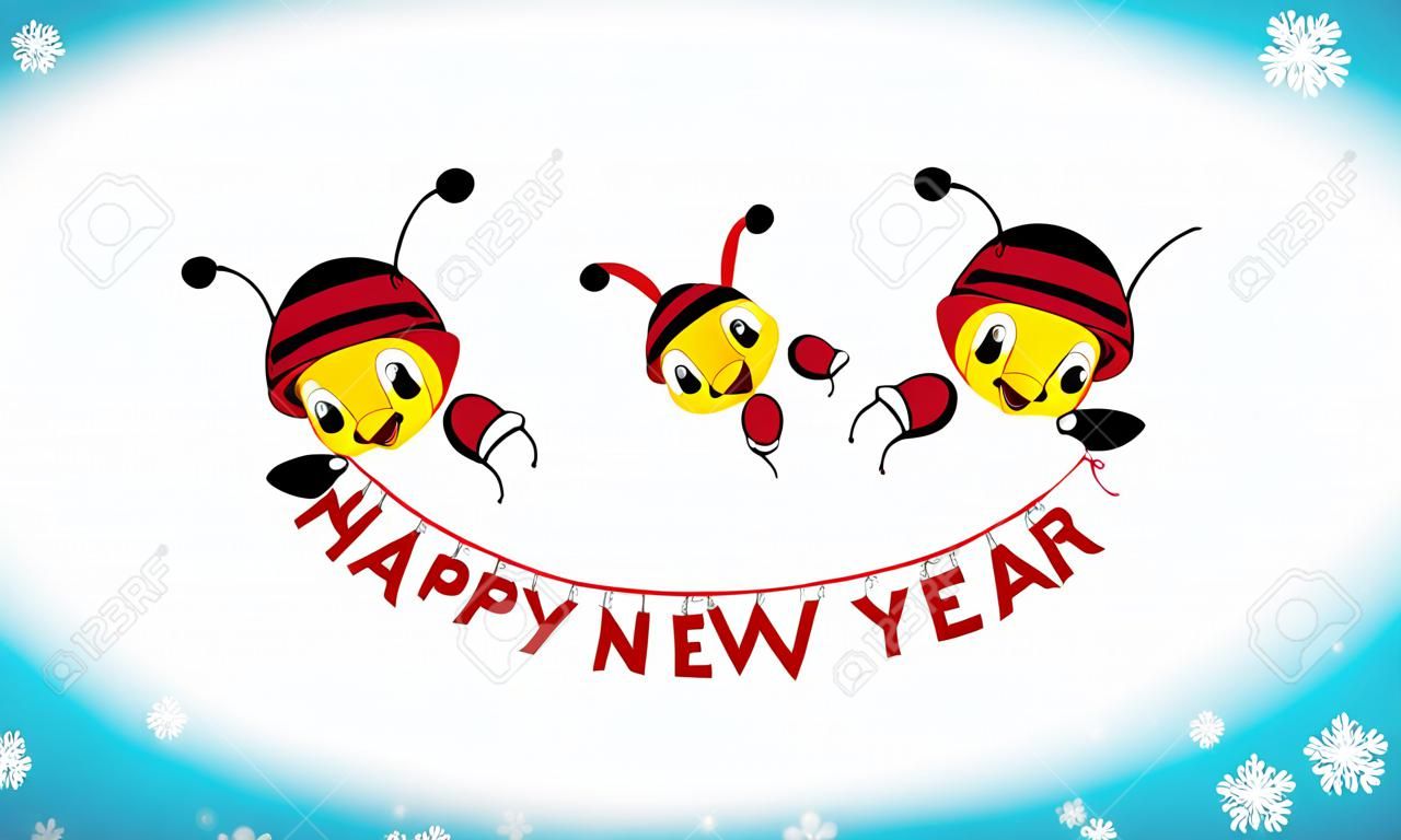 插圖新年快樂理念與卡通蜜蜂