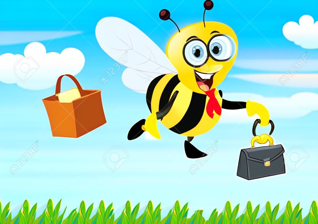 插圖卡通工人蜜蜂飛在上午的辦公室。