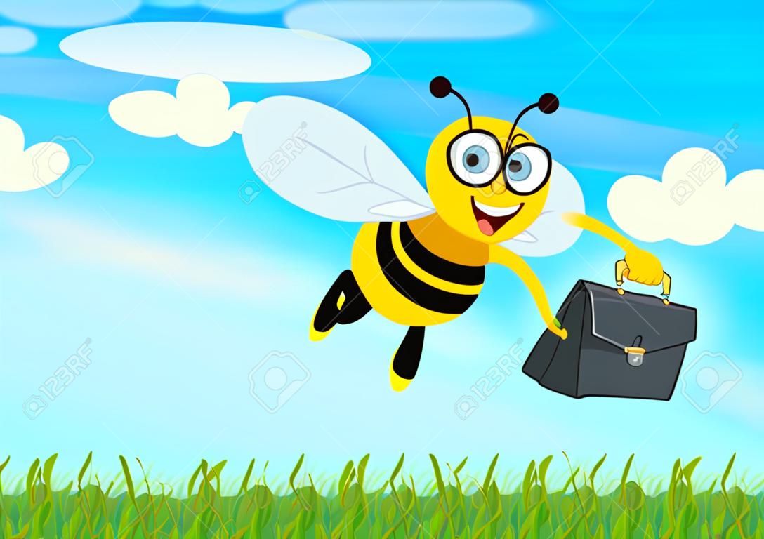 插圖卡通工人蜜蜂飛在上午的辦公室。