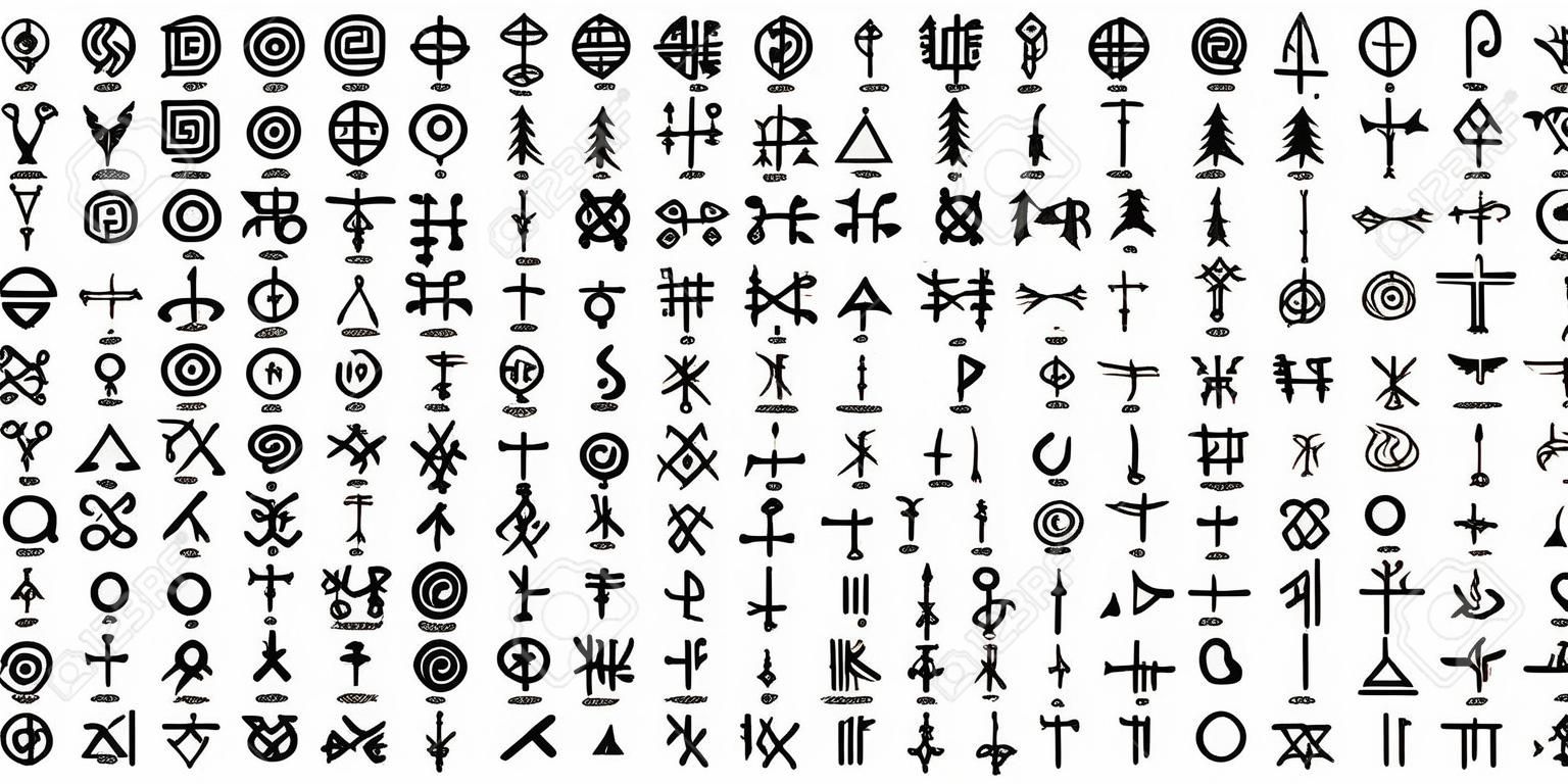 Grande set di simboli alchemici sul tema del vecchio manoscritto con testi occulti alfabeto e simboli. Segni scritti esoterici ispirati a scritti medievali. Vettore