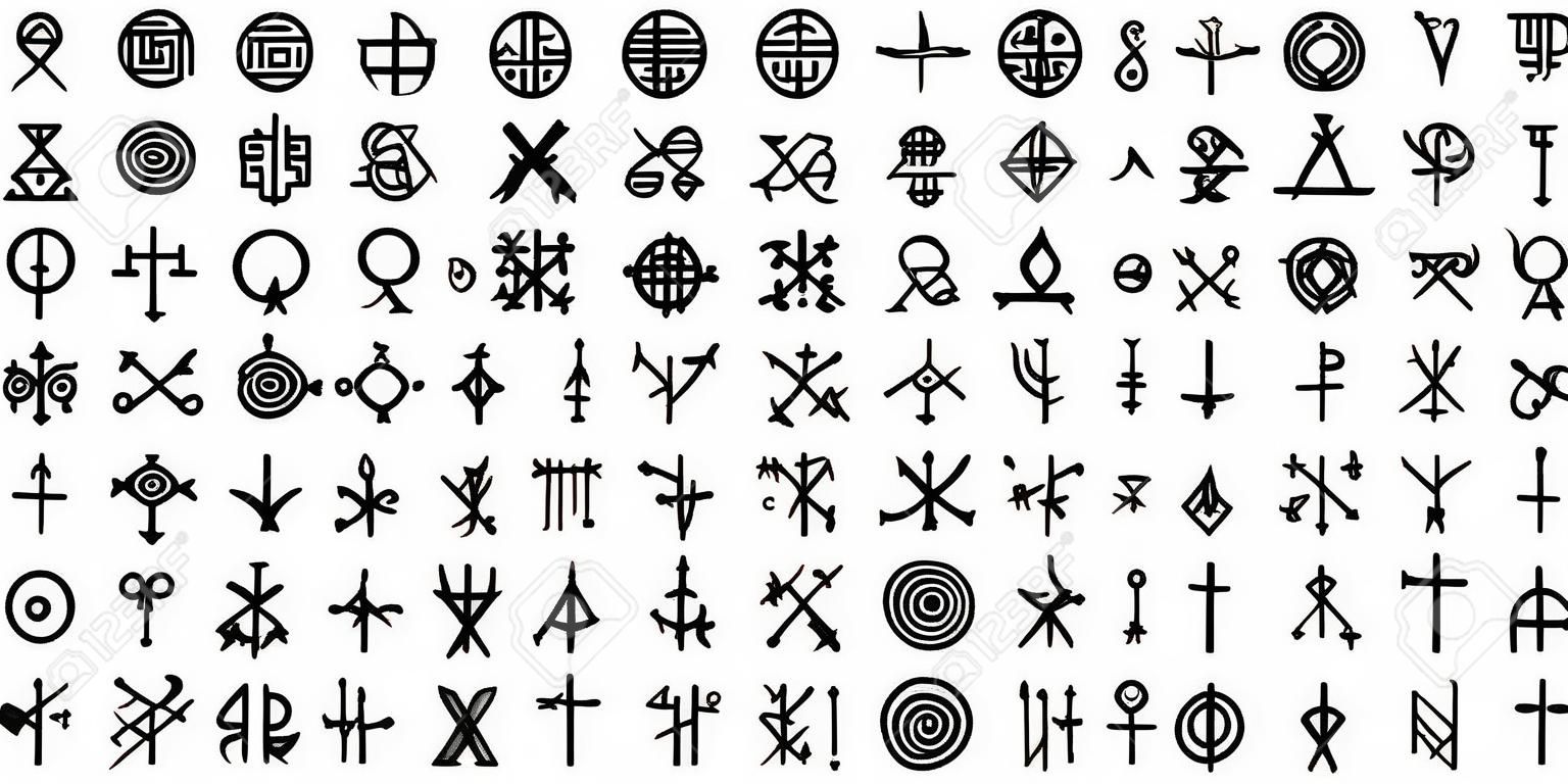 Grande set di simboli alchemici sul tema del vecchio manoscritto con testi occulti alfabeto e simboli. Segni scritti esoterici ispirati a scritti medievali. Vettore