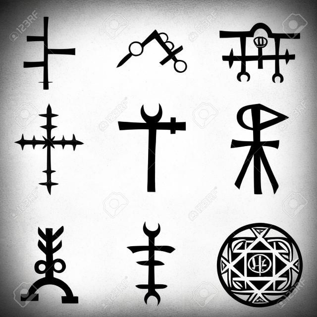 神秘的なシンボルとオカルトシンボルで設定します。手書きのアルファベット記号と書き込み記号。精神的なフリーメーソンの入れ墨のアイデア。ベクトル。